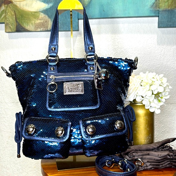 Coach Poppy Blue Sequin Spotlight Purse w/ Disco Ball Bag Charm - Picture 1 of 16